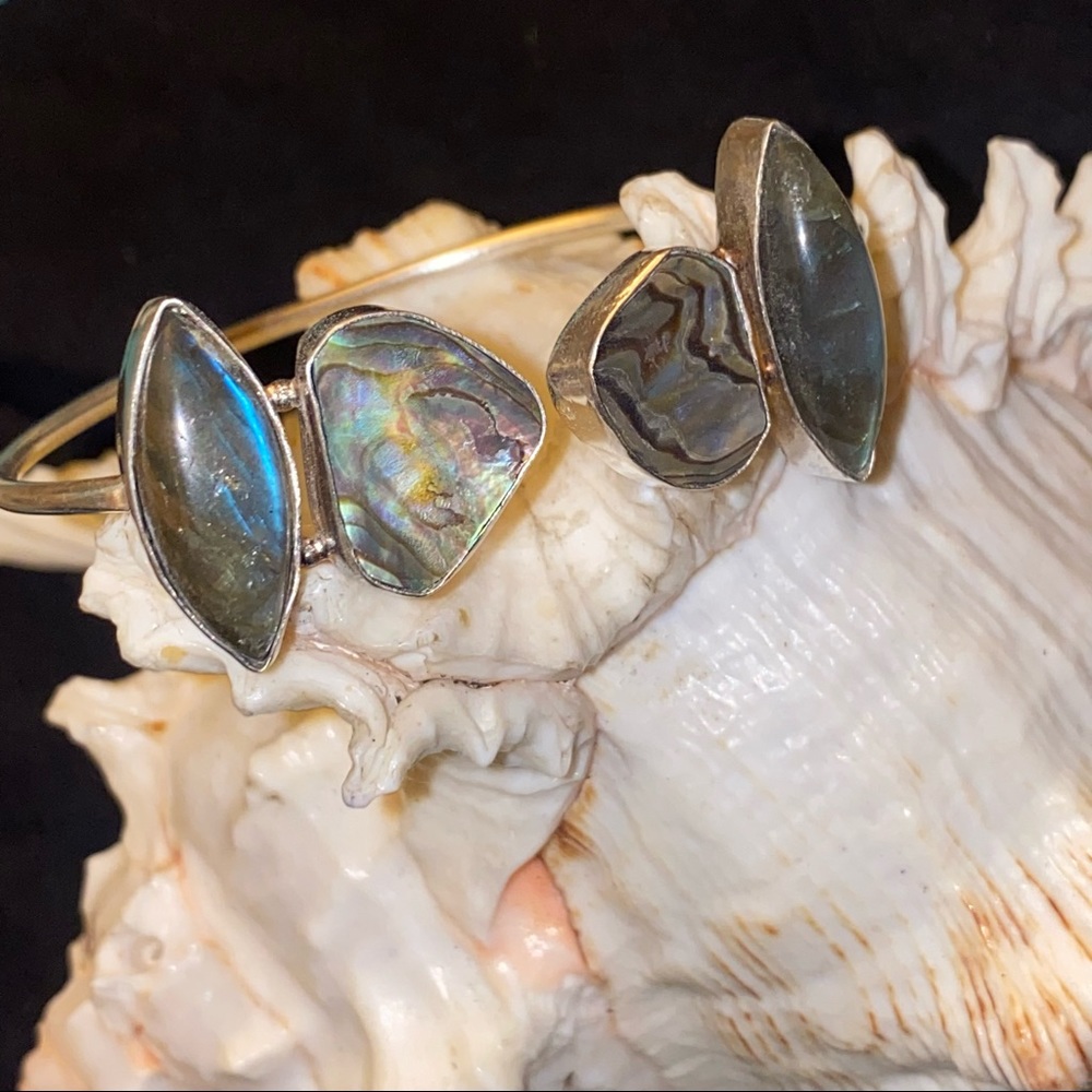 Labradorite + Abalone statement gem cluster bracelet/ cuff